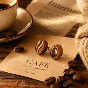May include: Oval cufflinks with a coffee bean design, featuring brown and cream stripes. The cufflinks are on a card with the word "CAFÉ" and the phrase "in the moment". Coffee beans and a cup of coffee are also in the image, with a newspaper in the background.