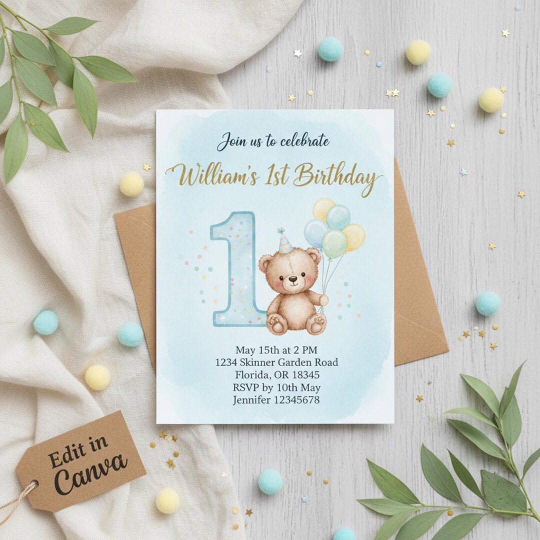 Editable Blue Teddy Bear 1st Birthday Invitation | Canva Template | Boy ...