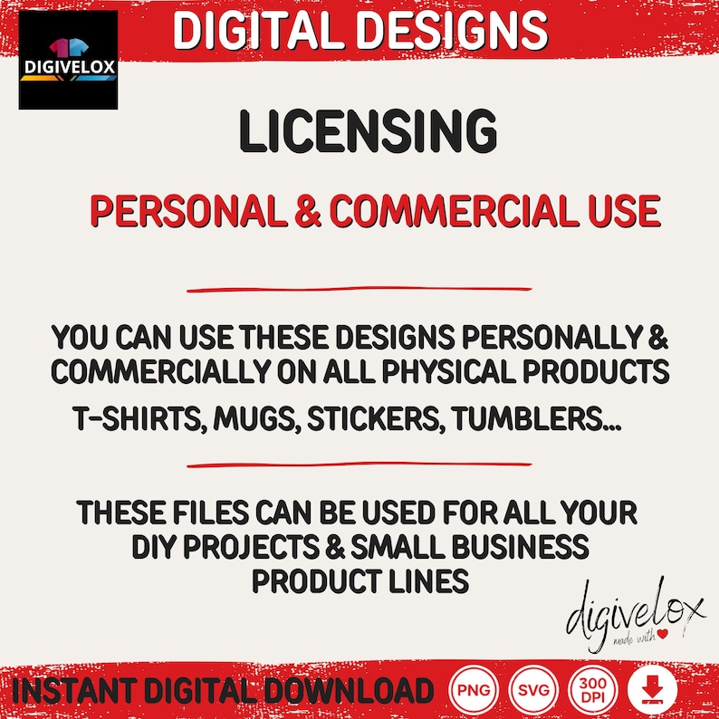 May include: A digital design license graphic with the text "DIGITAL DESIGNS LICENSING PERSONAL & COMMERCIAL USE". The graphic states designs can be used on physical products like t-shirts, mugs, and stickers. It also mentions DIY projects and small business product lines.