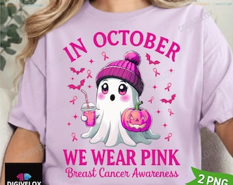 In October We Wear Pink Ghost Shirt PNG, Breast Cancer Awareness Shirt png, Halloween Ghost Tshirt png, Cancer Pink Ribbon,Wear Pink Pumpkin