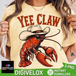 Könnte beinhalten: Ein hellgelbes T-Shirt mit einem roten Krebs, der einen Cowboyhut und eine Sonnenbrille trägt. Der Text "YEE CLAW" ist in einer verwitterten, braunen Schriftart über dem Krebs abgedruckt. Das Design ist ein digitaler Download.