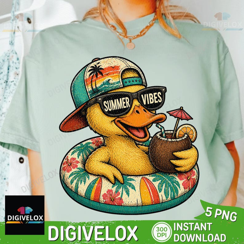 May include: A cartoon duck wearing sunglasses that say "Summer Vibes" and a hat, floating in a tropical-themed inner tube. The duck is holding a coconut drink with a tiny umbrella. The image has the text "DIGIVELOX" and "5 PNG INSTANT DOWNLOAD".