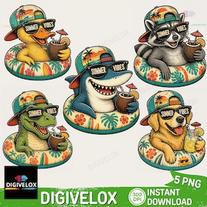 May include: A collection of cartoon animals enjoying summer. Each animal, including a duck, shark, raccoon, dinosaur, and dog, wears sunglasses and a hat with the text "Summer Vibes." They are floating in inflatable rings and holding tropical drinks.