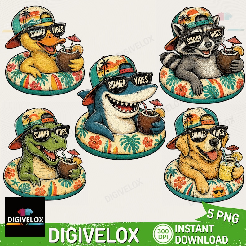 May include: A collection of cartoon animals enjoying summer. Each animal, including a duck, shark, raccoon, dinosaur, and dog, wears sunglasses and a hat with the text "Summer Vibes." They are floating in inflatable rings and holding tropical drinks.