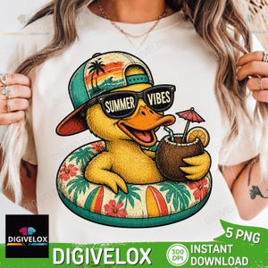 May include: A yellow duck wearing sunglasses that say "SUMMER VIBES" and a cap, floating in a pool floatie. The duck is holding a coconut drink with a straw and umbrella. The floatie has a tropical design. The image includes the text "DIGIVELOX".