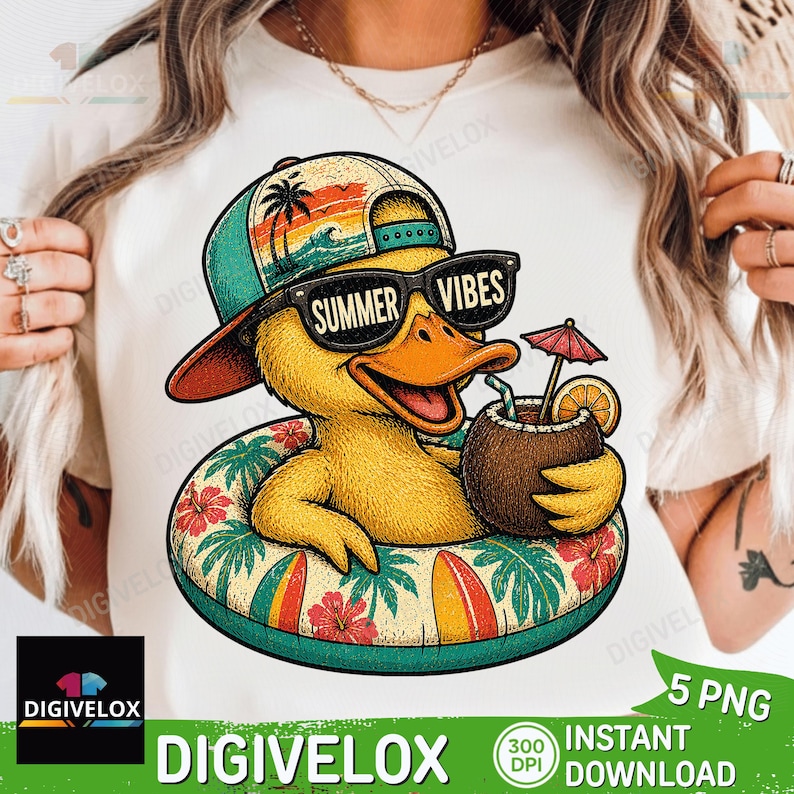 May include: A yellow duck wearing sunglasses that say "SUMMER VIBES" and a cap, floating in a pool floatie. The duck is holding a coconut drink with a straw and umbrella. The floatie has a tropical design. The image includes the text "DIGIVELOX".