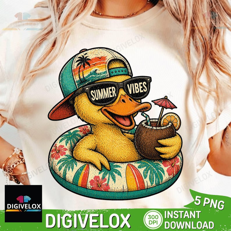 May include: A yellow cartoon duck wearing sunglasses that say "Summer Vibes" and a hat, floating in a tropical-themed inner tube. The duck is holding a coconut drink with a straw and umbrella. The image has the text "DIGIVELOX" and "5 PNG INSTANT DOWNLOAD".