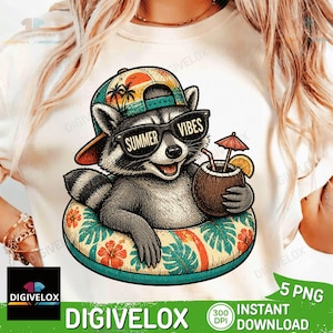 May include: A graphic illustration of a raccoon wearing sunglasses that say "Summer Vibes" and a hat, floating in a floral inner tube, and holding a coconut drink with a tiny umbrella. The raccoon is the central focus of the image.