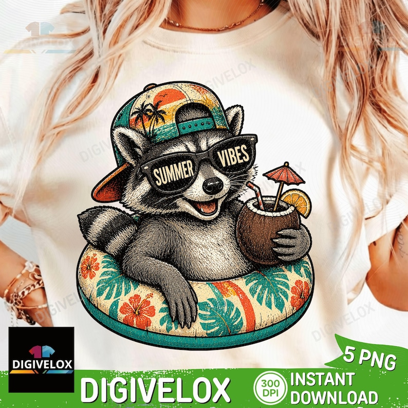 May include: A graphic illustration of a raccoon wearing sunglasses that say "Summer Vibes" and a hat, floating in a floral inner tube, and holding a coconut drink with a tiny umbrella. The raccoon is the central focus of the image.