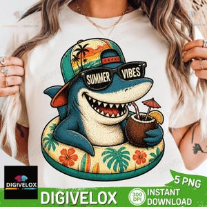 May include: A cartoon shark wearing sunglasses that say "Summer Vibes" and a hat, floating on a pool float. The shark is holding a coconut drink with a small umbrella. The float has a tropical design. The image includes the text "DIGIVELOX".