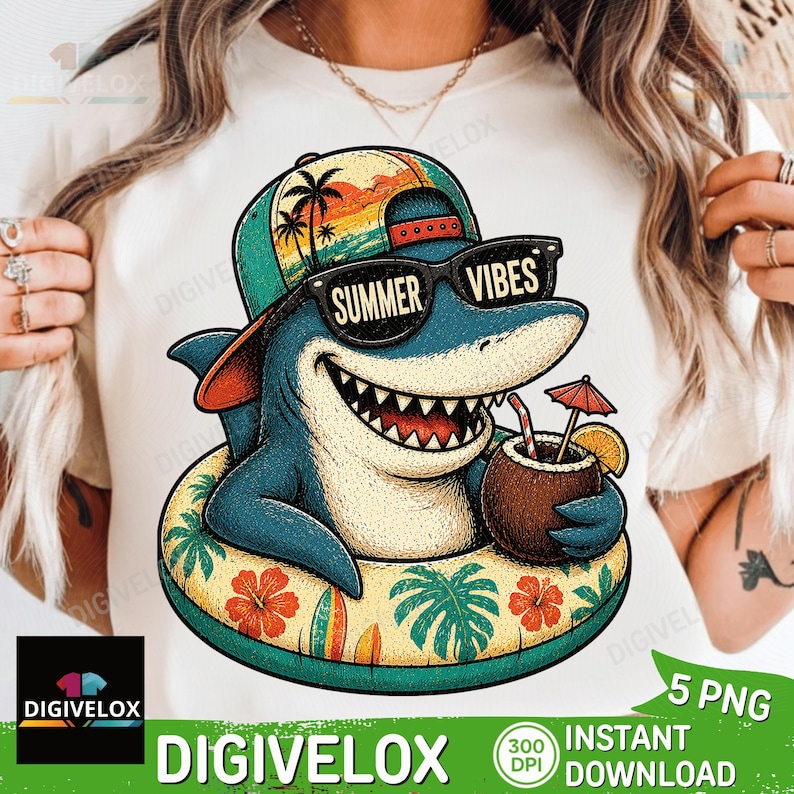 May include: A cartoon shark wearing sunglasses that say "Summer Vibes" and a hat, floating on a pool float. The shark is holding a coconut drink with a small umbrella. The float has a tropical design. The image includes the text "DIGIVELOX".