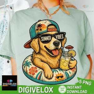May include: A golden retriever wearing sunglasses that say "Summer Vibes" and a hat with a sunset design. The dog is in a pool float and holding a mason jar with a drink. The image has the text "Digivelox" and "Instant Download".