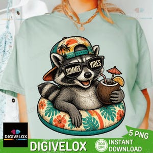 May include: A graphic design of a raccoon wearing sunglasses that say "Summer Vibes" and a hat, floating in a pool floatie, holding a coconut drink. The design has a tropical theme with palm trees and flowers.