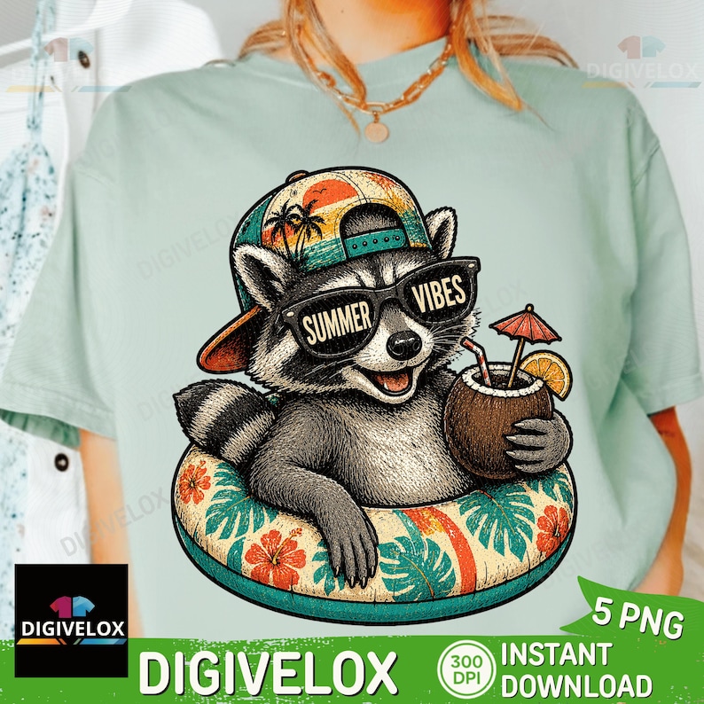 May include: A graphic design of a raccoon wearing sunglasses that say "Summer Vibes" and a hat, floating in a pool floatie, holding a coconut drink. The design has a tropical theme with palm trees and flowers.