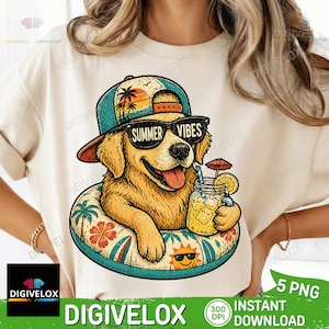 May include: A beige t-shirt featuring a golden retriever wearing sunglasses and a hat with the text "Summer Vibes." The dog is in a pool float and holding a mason jar with a drink. The design has a summer theme.