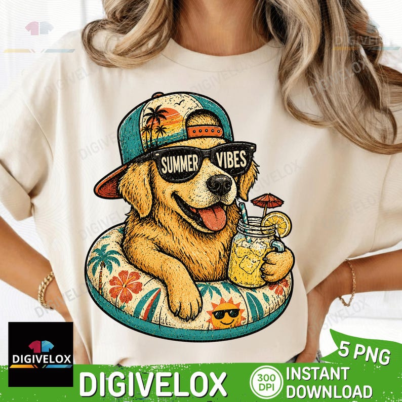 May include: A beige t-shirt featuring a golden retriever wearing sunglasses and a hat with the text "Summer Vibes." The dog is in a pool float and holding a mason jar with a drink. The design has a summer theme.