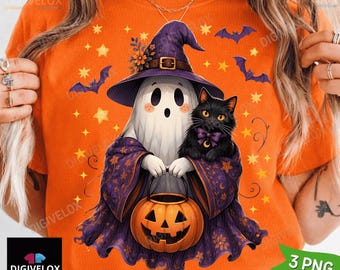 Halloween Spooky Ghost Holding Black Cat Shirt PNG, Ghost Halloween Shirt png, Funny Spooky Cat Gift png, Cute Halloween Tee png Download