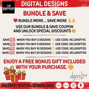 May include: A promotional graphic for digital designs, featuring the text "DIGITAL DESIGNS" and "BUNDLE & SAVE." It highlights discounts of up to 30% off when purchasing multiple designs, with coupon codes provided. Includes gift box illustrations and the Digivelox logo.