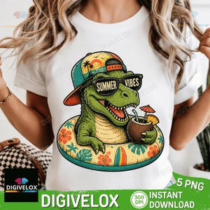 May include: White t-shirt featuring a cartoon dinosaur wearing sunglasses that read "Summer Vibes" and a hat. The dinosaur is in a floral inner tube, holding a coconut drink. The image includes the text "DIGIVELOX" and "INSTANT DOWNLOAD".