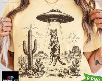 UFO Cat Western T-Shirt PNG, Vintage Alien Graphic Tee png, Funny Space Cat Top, Retro Sci Fi Gift, Retro 90s Western, Wild West Kitten png