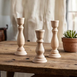 May include: Three unfinished wooden candle holders of varying heights sit on a rustic wooden table. The candle holders have a classic, turned design with a wide base and a cup-shaped top. A small potted succulent is visible in the background.