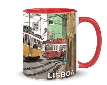 Taza de cerámica con ilustración del tranvía de Lisboa: recuerdo de viaje