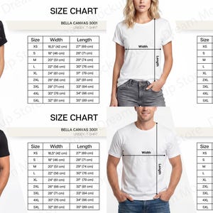 Może przedstawiać: Obraz przedstawia cztery osoby w koszulkach, dwie czarne i dwie białe. Każda osoba ma nakładkę graficzną z wymiarami. Wyświetlane są tabele rozmiarów dla koszulek unisex Bella Canvas 3001, pokazujące szerokość i długość w cm i calach.