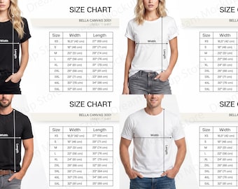 Bella Canvas 3001 Size Chart, Bella and Canvas 3001 Size Chart, Size Chart for Bella and Canvas 3001, Size Chart Mockup