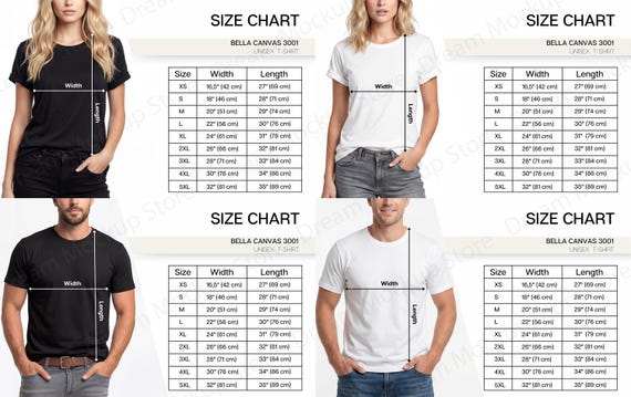 Bella Canvas 3001 Size Chart, Bella and Canvas 3001 Size Chart, Size Chart for Bella and Canvas 3001, Size Chart Mockup