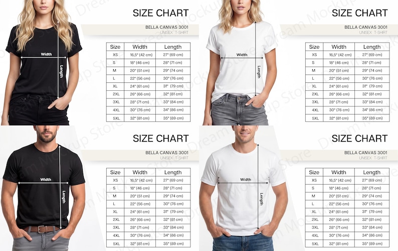 以下が含まれることがあります： 画像には、黒と白のTシャツを着た4人が写っています。各人に測定グラフィックが重ねられています。Bella Canvas 3001ユニセックスTシャツのサイズチャートが表示され、幅と長さをcmとインチで示しています。