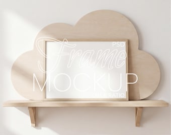 Nursery Frame Mockup, DIN A Frame Mock Up, Horizontal Wood Poster Mockup DIN A ratio PSD for Boy Girl, Playroom Kids Room Frame Mockup