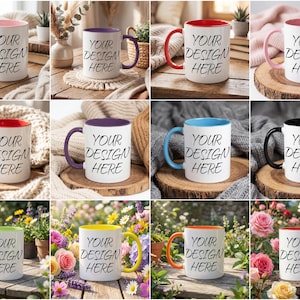 K&ouml;nnte beinhalten: Eine Auswahl an wei&szlig;en Keramikbechern mit unterschiedlich farbigen Griffen und Innenr&auml;ndern. Jeder Becher tr&auml;gt den Text "YOUR DESIGN HERE" in Schwarz. Die Becher werden auf Holzoberfl&auml;chen pr&auml;sentiert und sind von dekorativen Elementen umgeben.