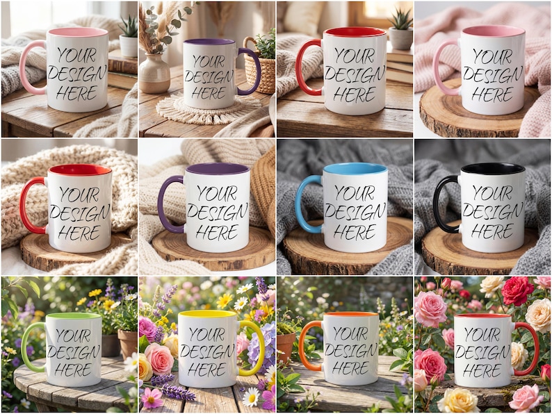 K&ouml;nnte beinhalten: Eine Auswahl an wei&szlig;en Keramikbechern mit unterschiedlich farbigen Griffen und Innenr&auml;ndern. Jeder Becher tr&auml;gt den Text "YOUR DESIGN HERE" in Schwarz. Die Becher werden auf Holzoberfl&auml;chen pr&auml;sentiert und sind von dekorativen Elementen umgeben.
