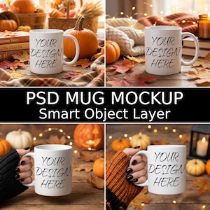 May include: White ceramic mug with the text "YOUR DESIGN HERE" displayed in a fall-themed setting. The scene includes pumpkins, autumn leaves, and books. The image also includes the text "PSD MUG MOCKUP Smart Object Layer".