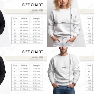 May include: Four images show people wearing black and white Gildan 18000 unisex sweatshirts. Each image has a size chart with measurements in cm for width and length. The size chart is for Gildan 18000 unisex sweatshirts.