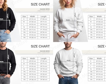 Gildan 18000 Sweatshirt Size Chart, Gildan 18000 Size Chart, Size Chart for Gildan 18000 Sweatshirt, Size Chart Mockup Gildan 18000