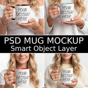 10 tomma 330 ml accentmuggmodeller, muggmodell med svart handtag, PSD-mugg med gult handtag, muggmodell med blått handtag, PSD smarta objektlager