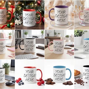 K&ouml;nnte beinhalten: Eine Sammlung wei&szlig;er Keramikbecher mit verschiedenfarbigen Griffen und Innenr&auml;umen, darunter rot, rosa, schwarz, blau und lila. Jeder Becher tr&auml;gt den Text "YOUR DESIGN HERE" in Schwarz. Die Becher werden in verschiedenen Umgebungen gezeigt.