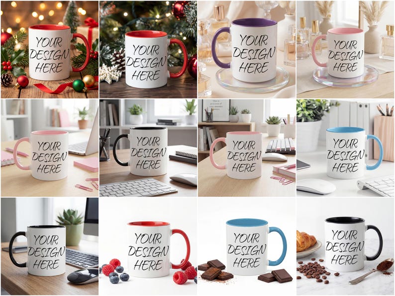 K&ouml;nnte beinhalten: Eine Sammlung wei&szlig;er Keramikbecher mit verschiedenfarbigen Griffen und Innenr&auml;umen, darunter rot, rosa, schwarz, blau und lila. Jeder Becher tr&auml;gt den Text "YOUR DESIGN HERE" in Schwarz. Die Becher werden in verschiedenen Umgebungen gezeigt.