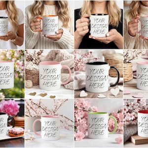 K&ouml;nnte beinhalten: Eine Sammlung wei&szlig;er Keramikbecher mit farbigen Innenr&auml;umen und Griffen, darunter Schwarz, Orange, Rosa und Rot. Jeder Becher tr&auml;gt den Text "YOUR DESIGN HERE" in fetter, schwarzer Schrift. Die Becher werden in verschiedenen Umgebungen gezeigt.