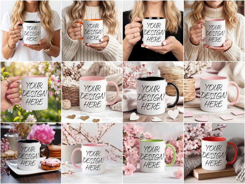 K&ouml;nnte beinhalten: Eine Sammlung wei&szlig;er Keramikbecher mit farbigen Innenr&auml;umen und Griffen, darunter Schwarz, Orange, Rosa und Rot. Jeder Becher tr&auml;gt den Text "YOUR DESIGN HERE" in fetter, schwarzer Schrift. Die Becher werden in verschiedenen Umgebungen gezeigt.