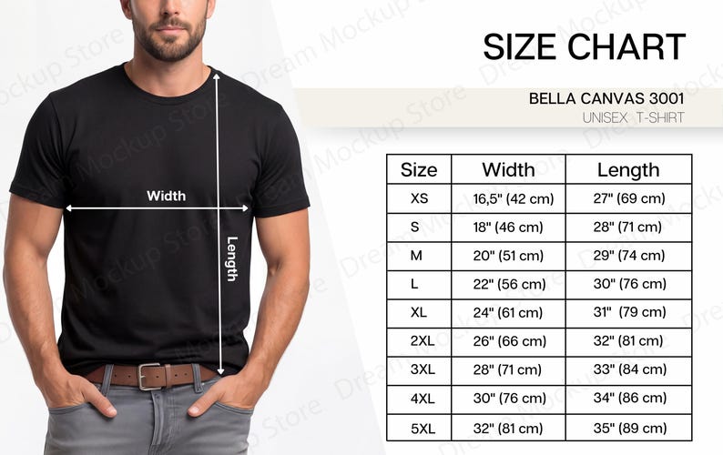 以下が含まれることがあります： 黒色のBella Canvas 3001ユニセックスTシャツとサイズチャート。XSから5XLまでのサイズで、cm単位の測定値が表示されています。モデルはTシャツとグレーのジーンズを着用しています。