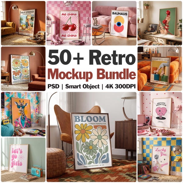 50+ Retro Frame Mockup Bundle | PSD Templates for Prints and Posters | Mixed Ratios | Photoshop Ready Wall Art Templates (Digital Download)