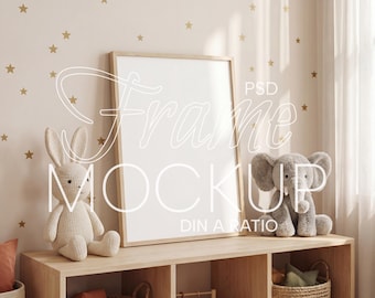 Nursery Frame Mockup, DIN A Frame Mock Up, Vertical Wood Poster Mockup DIN A ratio PSD for Boy Girl, Playroom Kids Room Frame Mockup