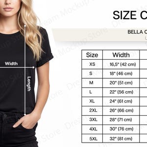 以下が含まれることがあります： サイズチャート付きの黒いユニセックスTシャツ。Bella Canvas 3001 Tシャツのサイズ表で、XSから5XLまでの幅と長さ（cm）の測定値が記載されています。