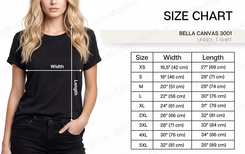 以下が含まれることがあります： サイズチャート付きの黒いユニセックスTシャツ。Bella Canvas 3001 Tシャツのサイズ表で、XSから5XLまでの幅と長さ（cm）の測定値が記載されています。
