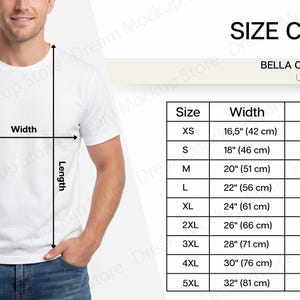以下が含まれることがあります： 白のBella Canvas 3001ユニセックスTシャツとサイズチャート。チャートは、XSから5XLまでの幅と長さの測定値をcmで示しています。モデルはTシャツを着ています。