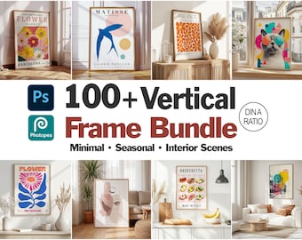 100+ Vertical Frame Mockup Bundle | 100+ Vertical DIN A Wall Frame PSD | Neutral Interior Wall Art Display | Digital Download