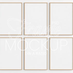 May include: Six rectangular picture frames with gold-colored borders are arranged in two rows of three against a white background. The frames are empty, with white space inside. The words "Frame Mockup" and "DIN A Ratio" are written in a cursive font.