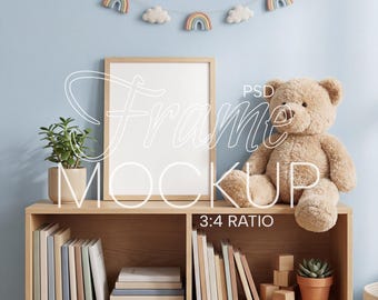 Nursery Frame Mockup PSD, Vertical Poster Mock Up 3:4 ratio, Wood Poster Mockup, 3x4 Ratio Kids Room Frame Mock Up, Playroom Kids Room Frame